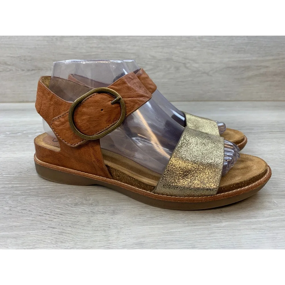 Sofft Women's 7.5 Brown Gold Metallic Leather Buckle Ankle Strap Sandals Shoes